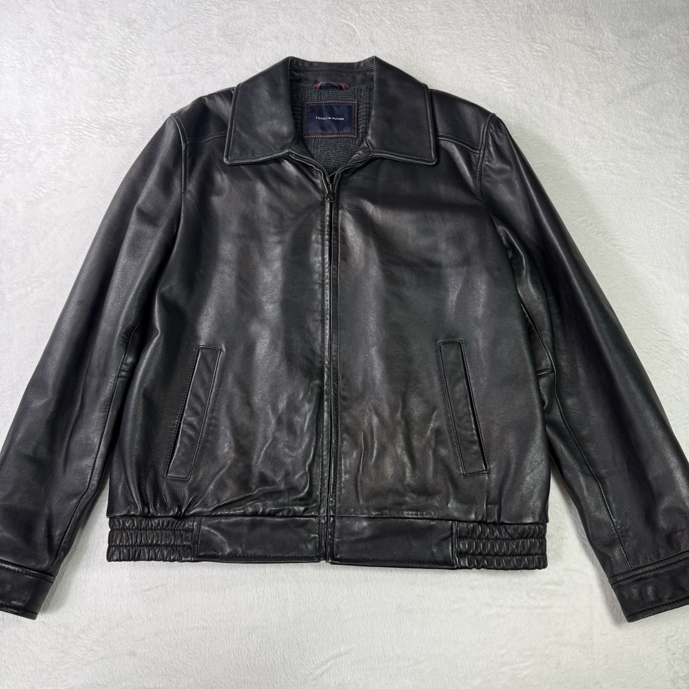 VTG Tommy Hilfiger Leather Bomber Jacket Medium Black Fleece Line Full Zip
